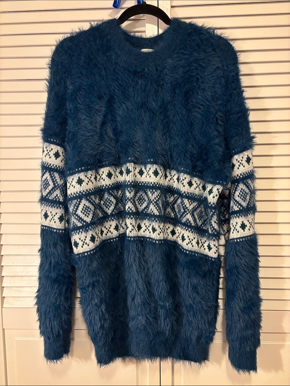 BDG Teal Fuzzy Fair Isle Crewneck Sweater
